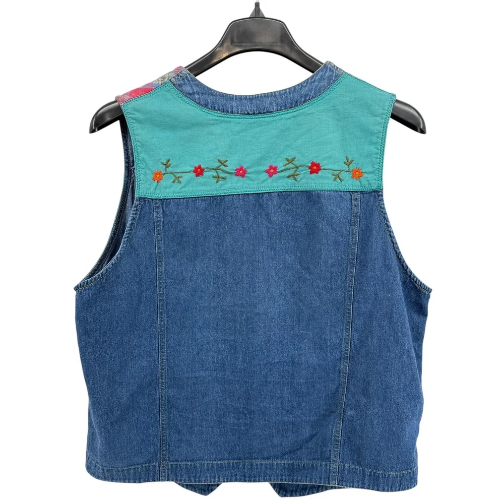 Vtg. Y2K Carole Little Floral Embroidered Denim Vest Western‎ Plaid Womens 14W